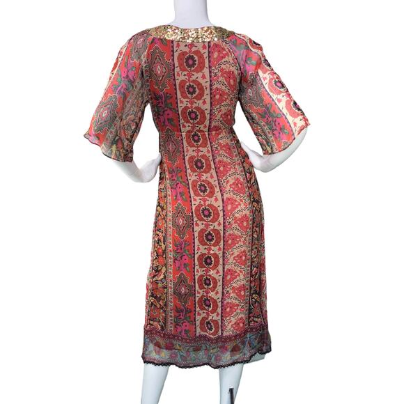 New Look Womens Size UK 12 US 8 Kaftan Midi Dress Half Sleeve Paisley Silk Red - Picture 7 of 15